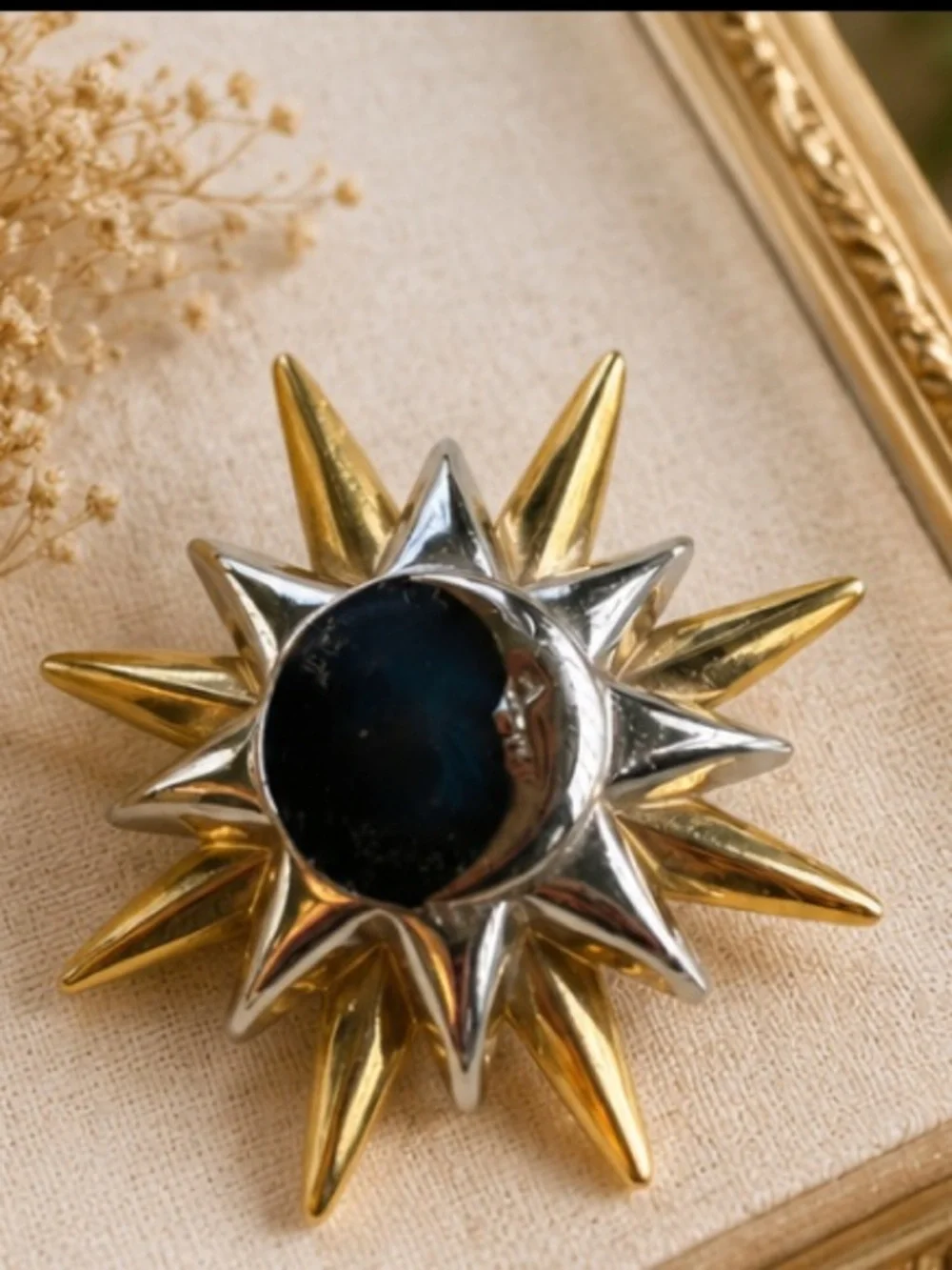 Vintage Liz Claiborne Sun & Moon Brooch Gold Tone Silver Tone Black Enamel Pin